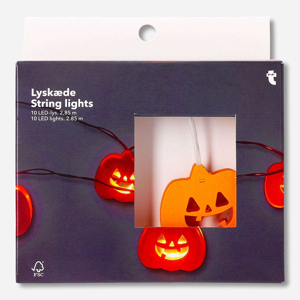 Flying Tiger Copenhagen Halloween pumpkin string lights for home decor, featuring orange pumpkin-shaped bulbs on a black cord.