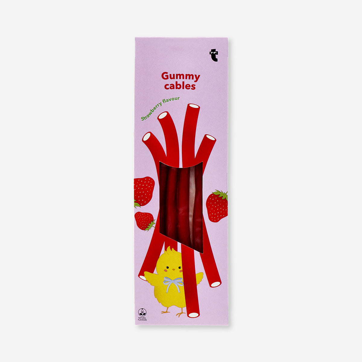Strawberry-flavored Candy Gummy Cables by Flying Tiger Copenhagen, colorful gummy candy shaped like cables on a white background.