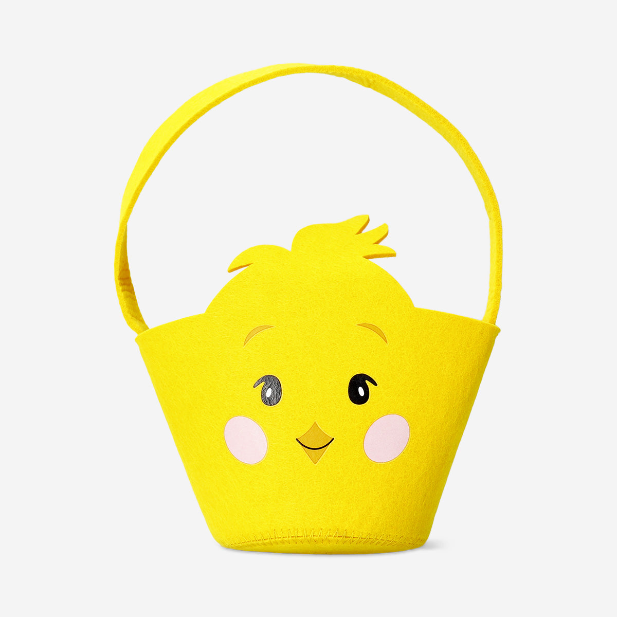 Colorful candy mix in a felt Easter chicken basket, featuring assorted sweets and a festive Easter design by Flying Tiger Copenhagen.