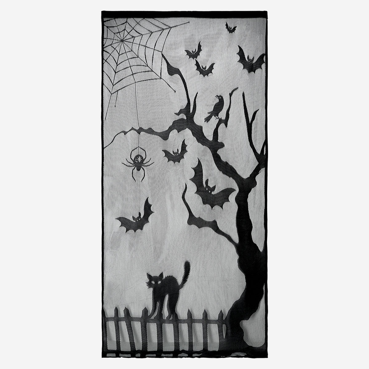 Halloween curtain with bats and spiders, 213x102 cm, Flying Tiger Copenhagen party decoration for spooky themed events.