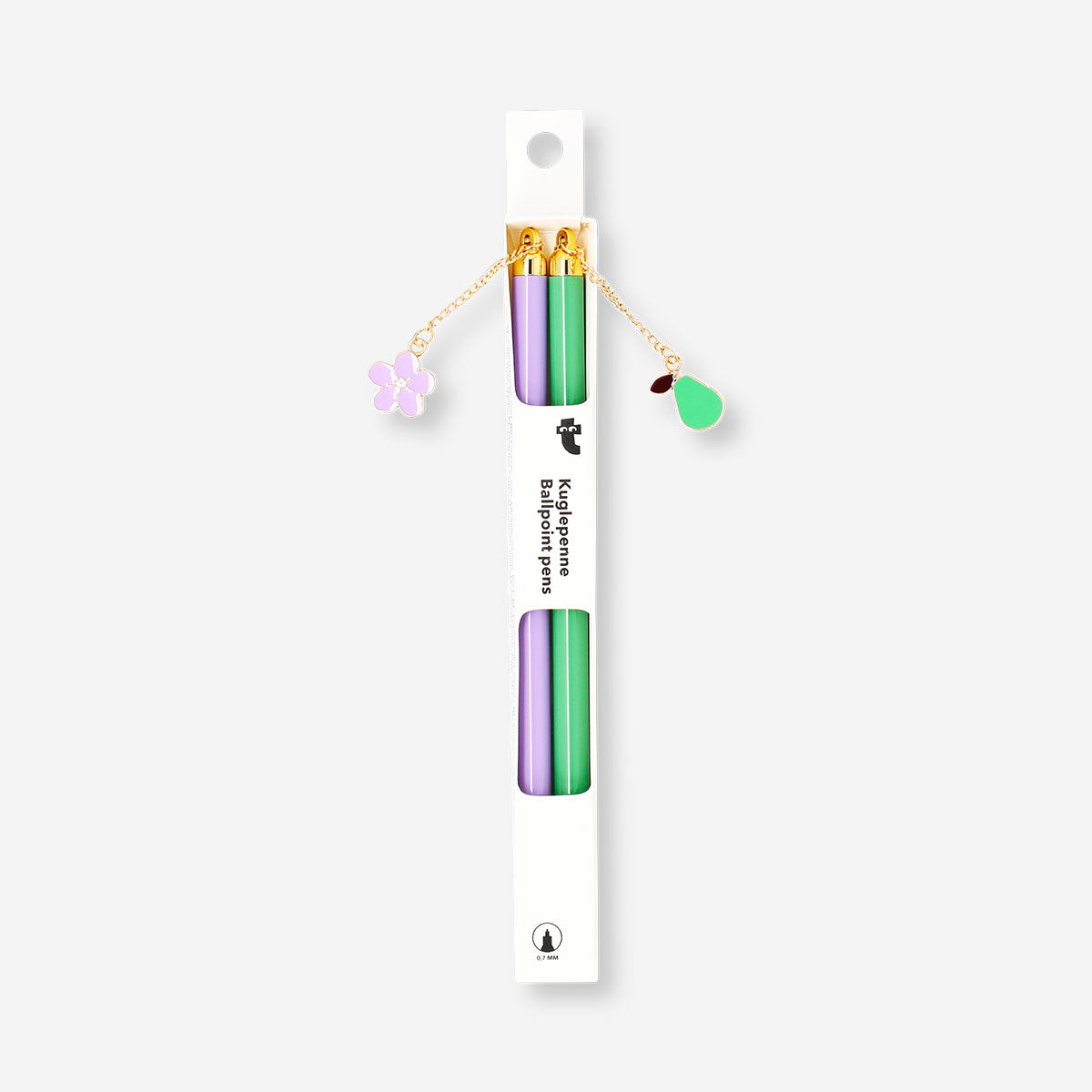 Set of two Flying Tiger Copenhagen ballpoint pens with colorful charm accents, ideal for office writing and stationery.