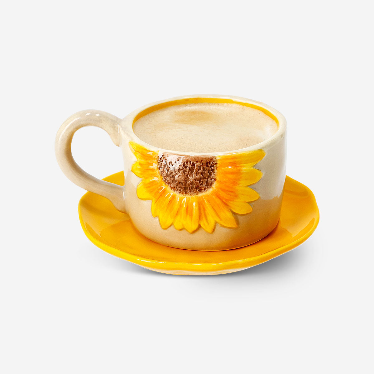 Ceramic mug with embossed sunflower design and matching saucer, 160 ml capacity, by Flying Tiger Copenhagen for kitchen use.