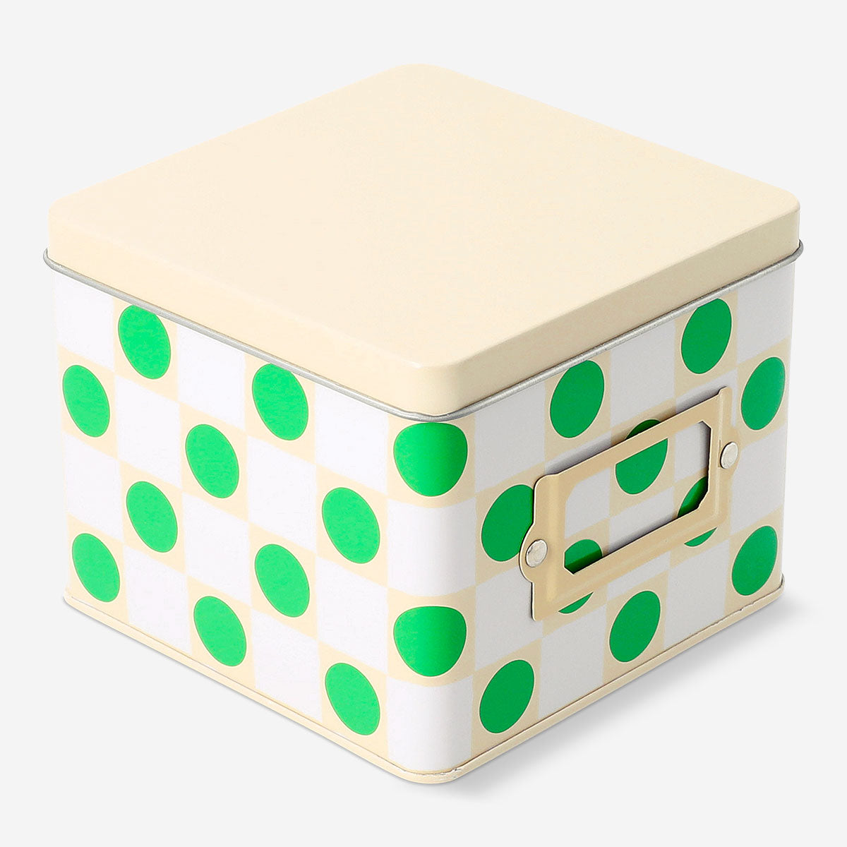 Square cake tin with green dots, 12x12 cm, from Flying Tiger Copenhagen, designed for baking and kitchen use.