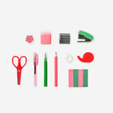 Flying Tiger Copenhagen red floral stationery kit with pens, notebooks, and office supplies in a decorative box.