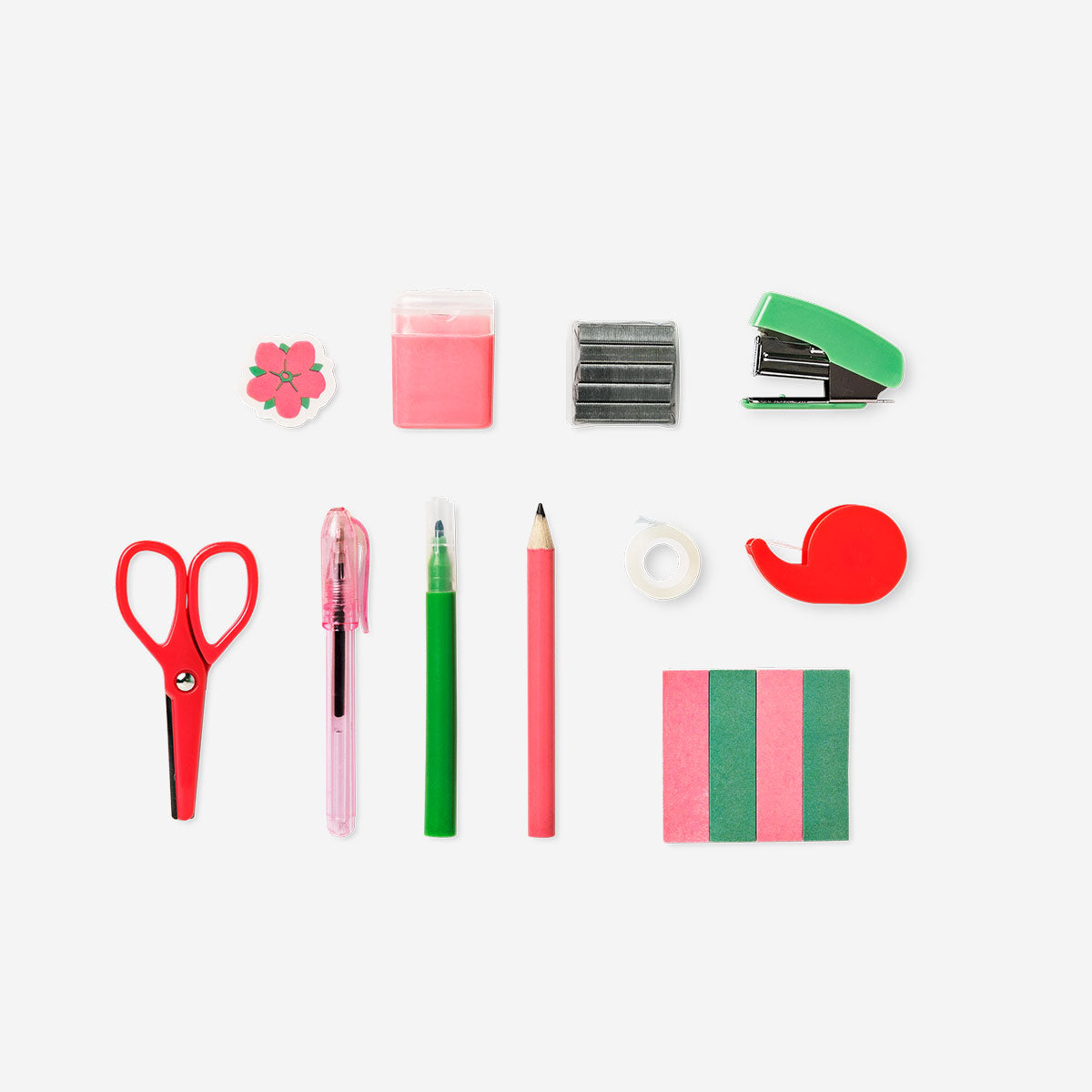 Flying Tiger Copenhagen red floral stationery kit with pens, notebooks, and office supplies in a decorative box.