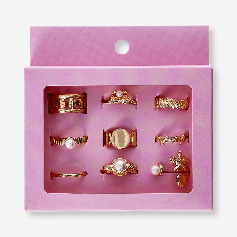 Set of nine adjustable textile rings featuring sea icons from Flying Tiger Copenhagen, displayed on a neutral background.