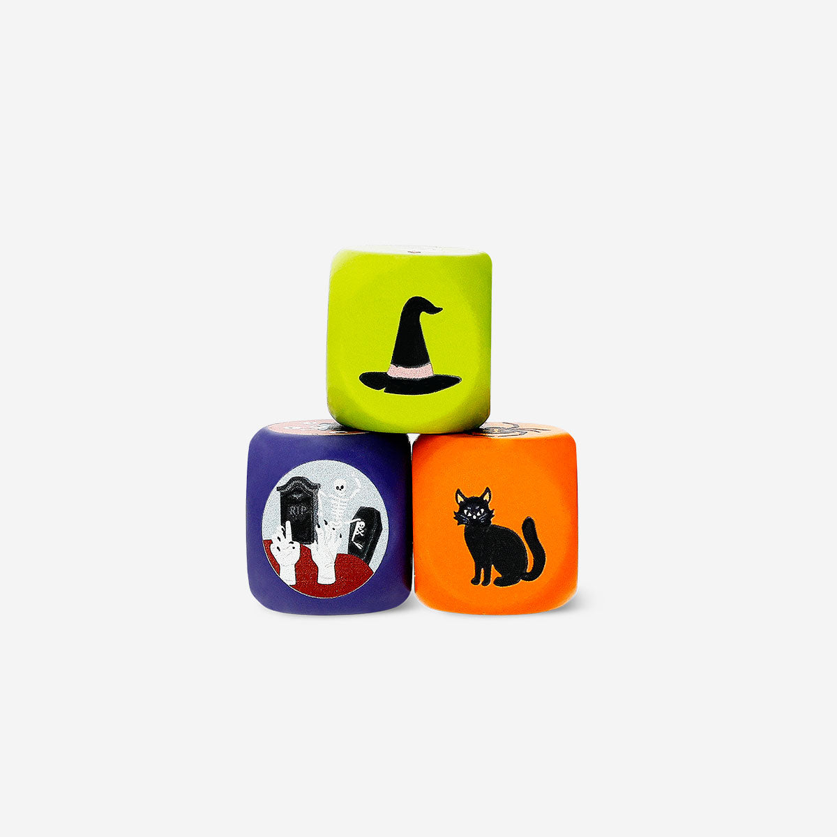 Three Halloween scary storyteller dice from Flying Tiger Copenhagen for spooky game nights, featuring dark and eerie designs.