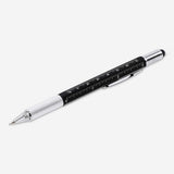 Flying Tiger Copenhagen multi-pen with six functions, black and silver office pen with multiple writing tools visible.