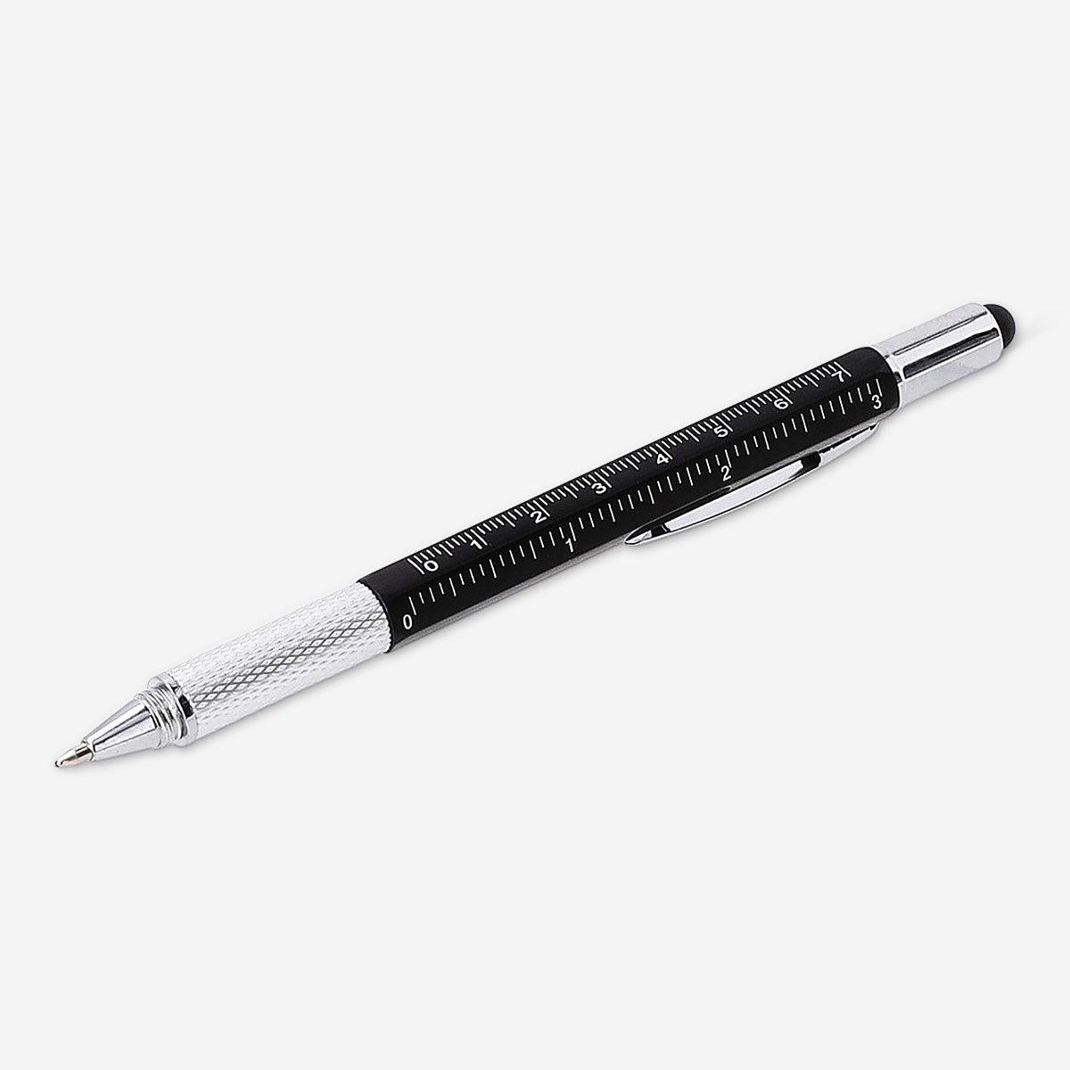 Flying Tiger Copenhagen multi-pen with six functions, black and silver office pen with multiple writing tools visible.