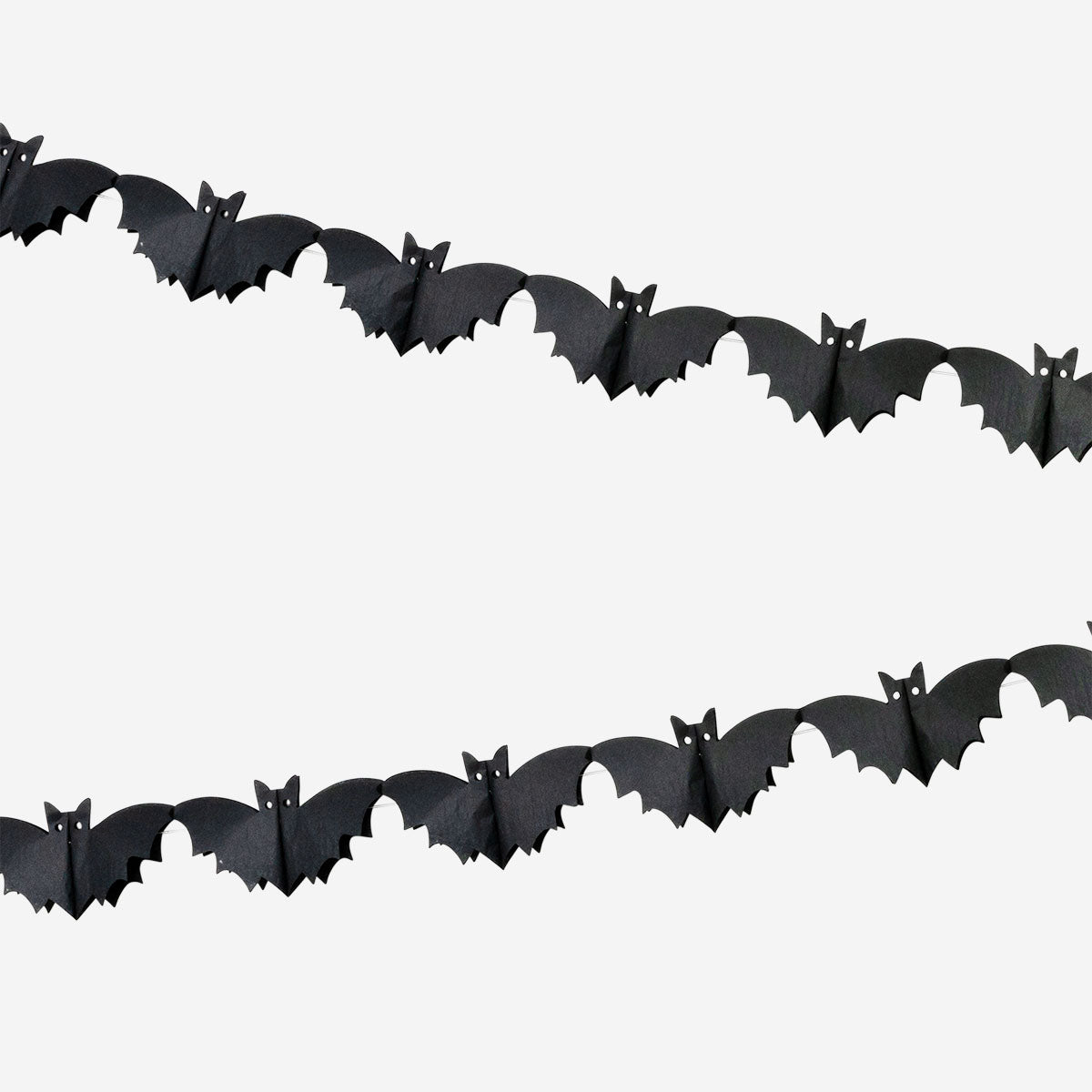 Flying Tiger Copenhagen paper bat garland hanging for party decoration, 300 cm long, with black bat cutouts on string.