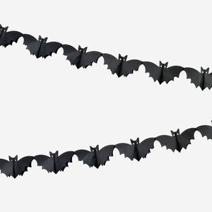 Flying Tiger Copenhagen paper bat garland hanging for party decoration, 300 cm long, with black bat cutouts on string.