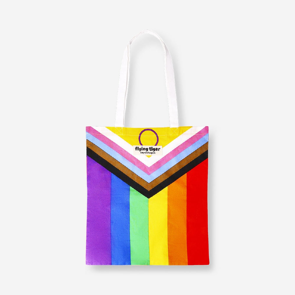 Flying Tiger Copenhagen rainbow flag print tote bag made of textile, featuring colorful rainbow design and sturdy handles.