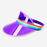 Purple textile sun visor with rainbow band from Flying Tiger Copenhagen, showing the colorful, adjustable headwear accessory.