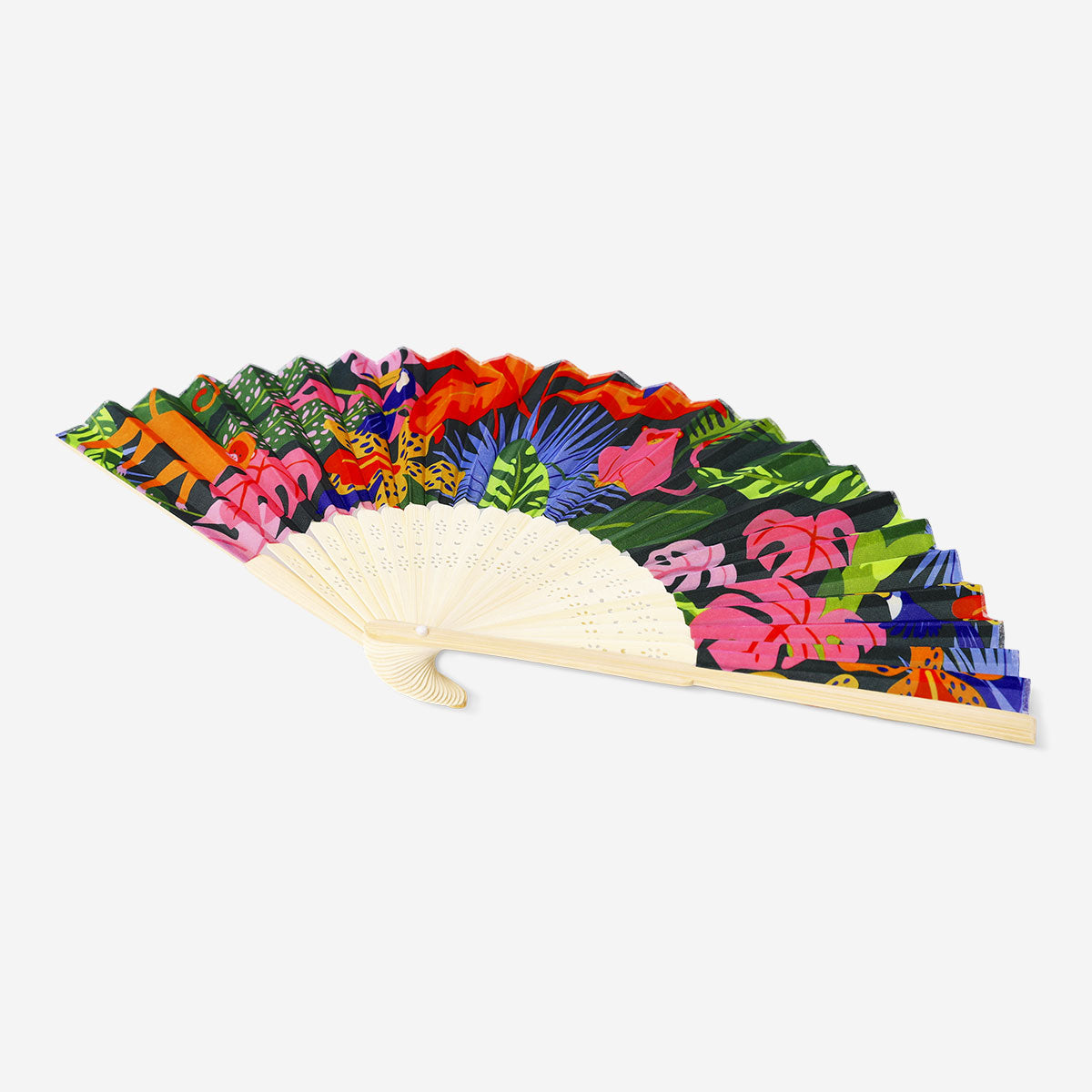Foldable bamboo fan with tropical print, made of textile, by Flying Tiger Copenhagen, featuring colorful tropical leaf design.