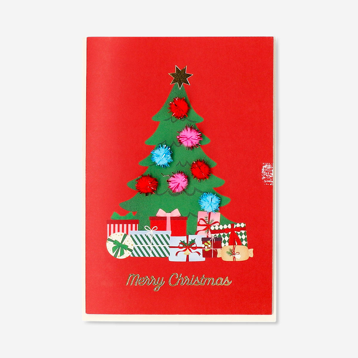 Office Christmas card featuring a festive Pom Pom Christmas tree from Flying Tiger Copenhagen, decorated with colorful ornaments.