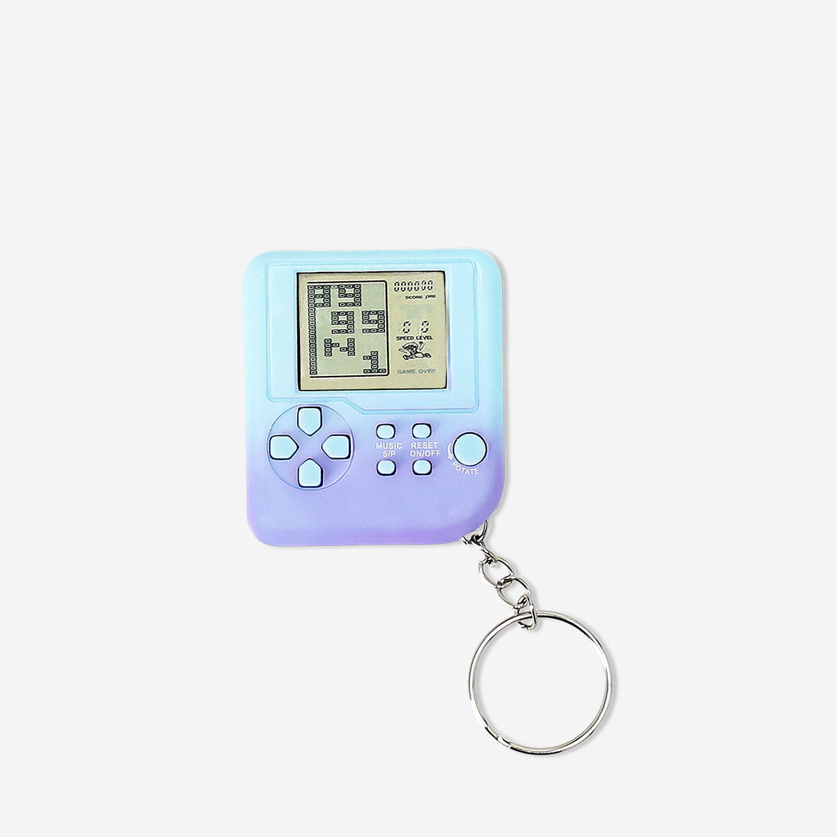 Flying Tiger Copenhagen mini game machine keyring featuring colorful buttons and multiple embedded classic games.