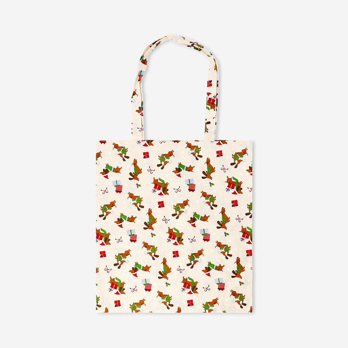 Textile tote bag featuring festive Christmas sausage dogs design, by Flying Tiger Copenhagen.