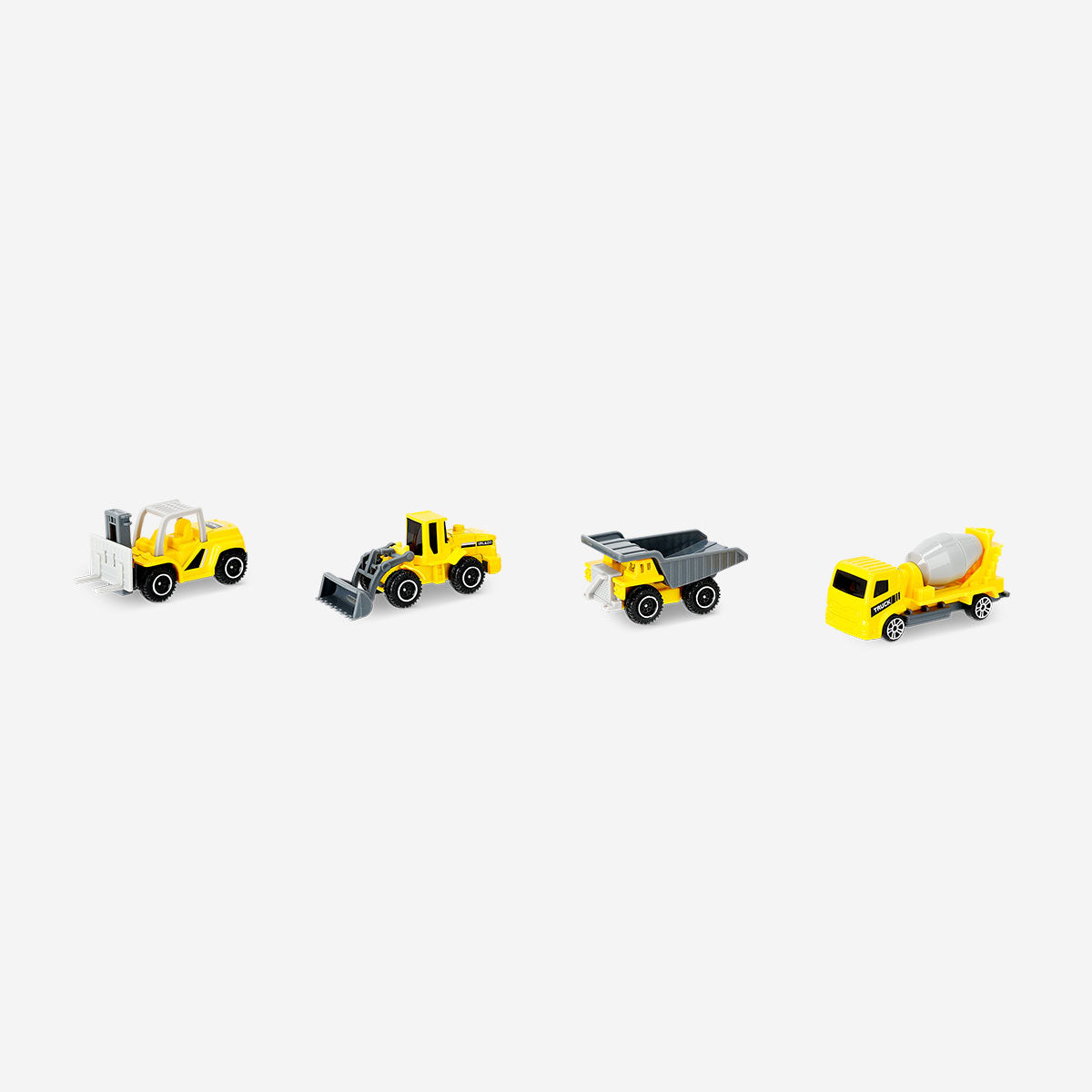 Set of four Flying Tiger Copenhagen construction vehicle toys with friction function, including dump truck, excavator, crane, and bulldozer.