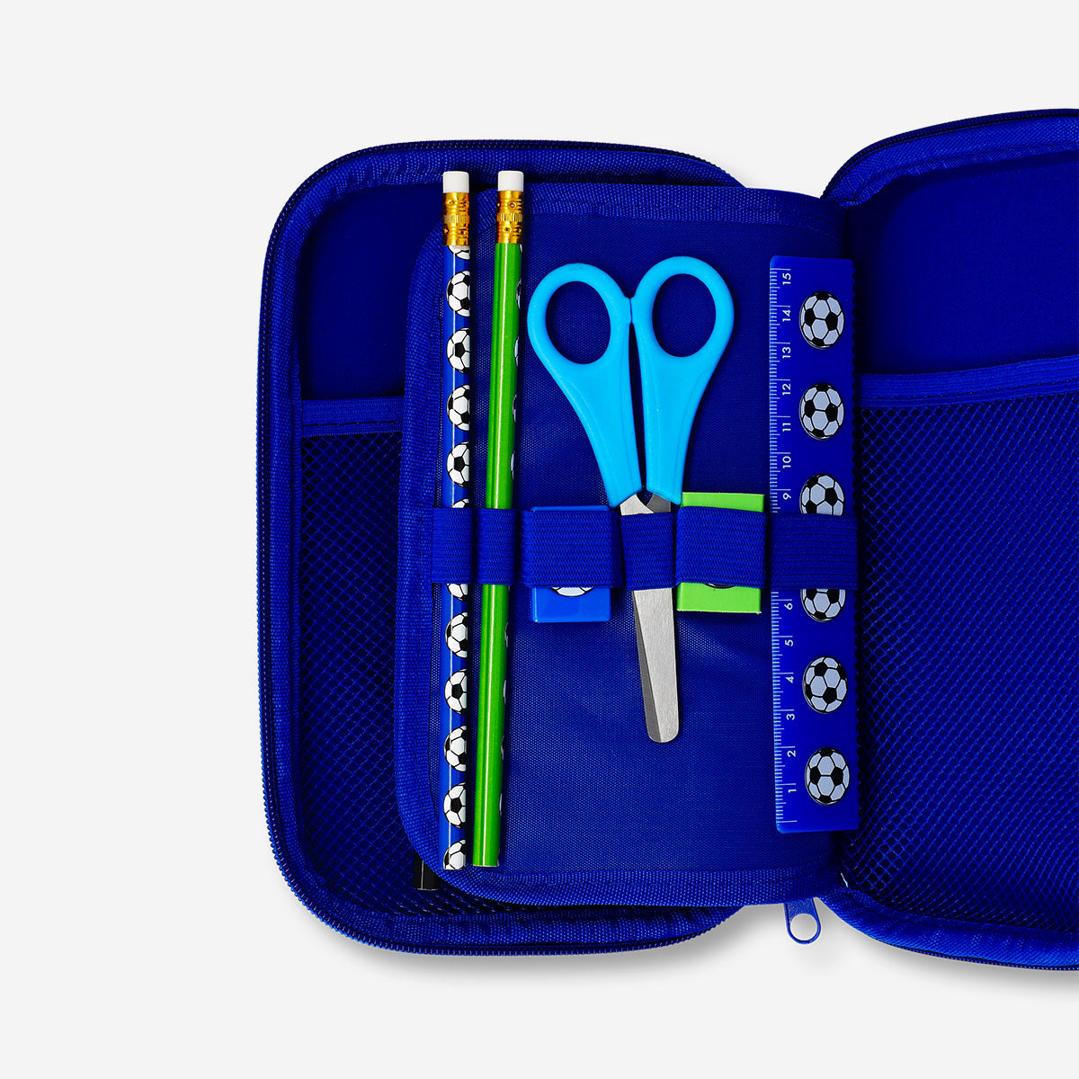 Flying Tiger Copenhagen office pencil case with football-themed design and contents, ideal for organizing stationery.