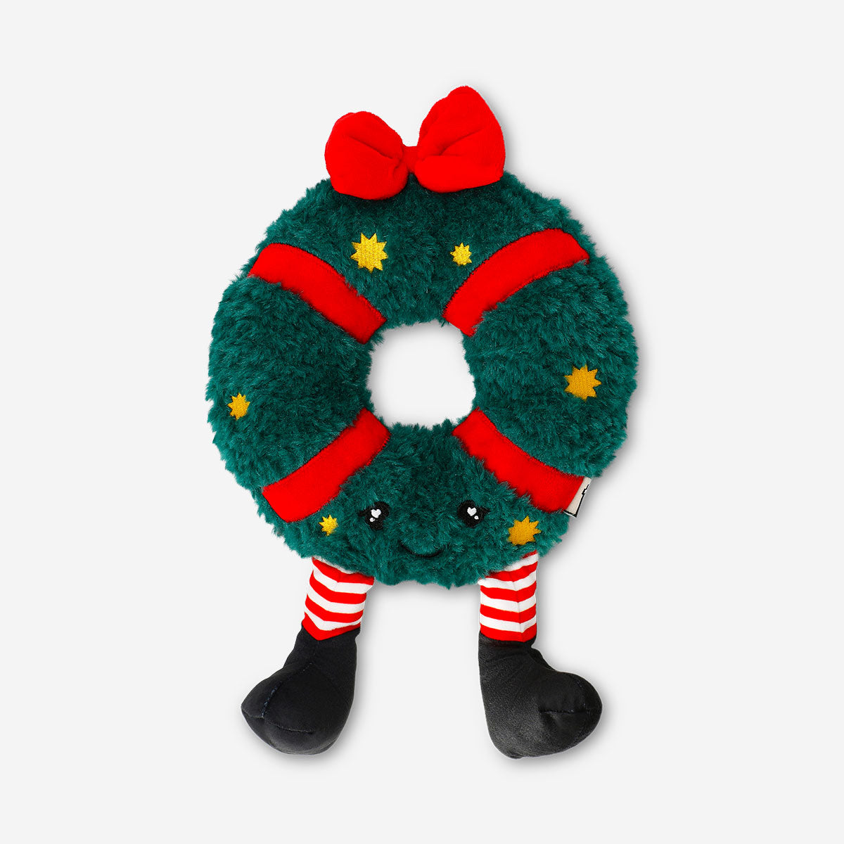 Flying Tiger Copenhagen plush toy in the shape of a festive Christmas wreath with colorful decorations and soft fabric.