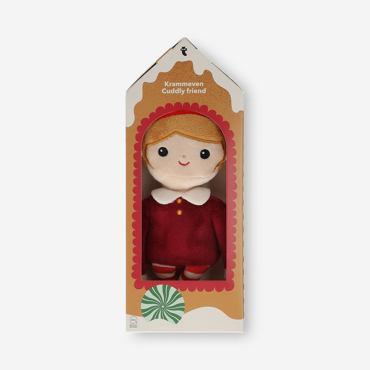 Flying Tiger Copenhagen plush elf girl toy with soft fabric, detailed face, and colorful clothing, perfect for children.