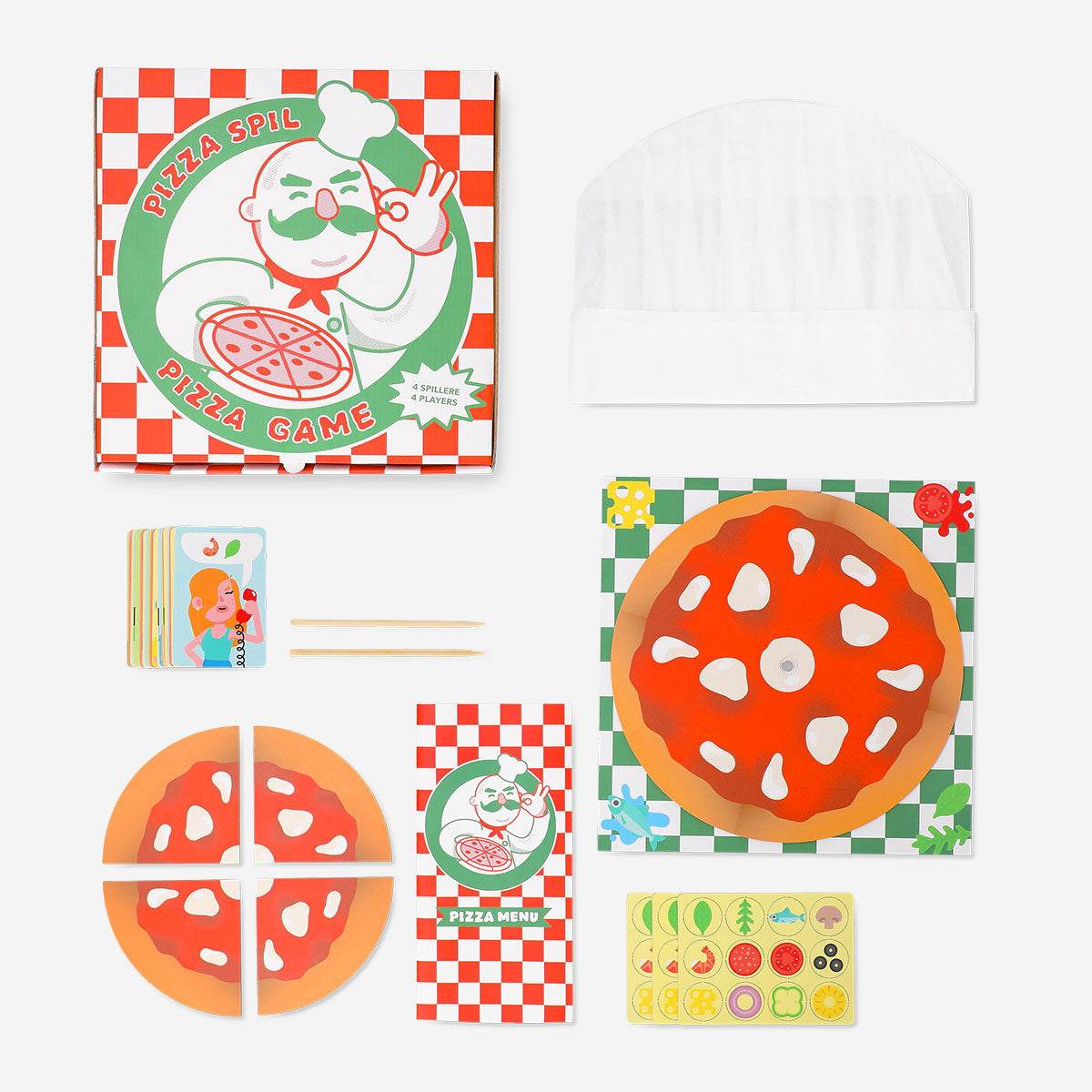 Flying Tiger Copenhagen pizza game for four players, colorful game set with pizza-themed pieces and fun playing cards.