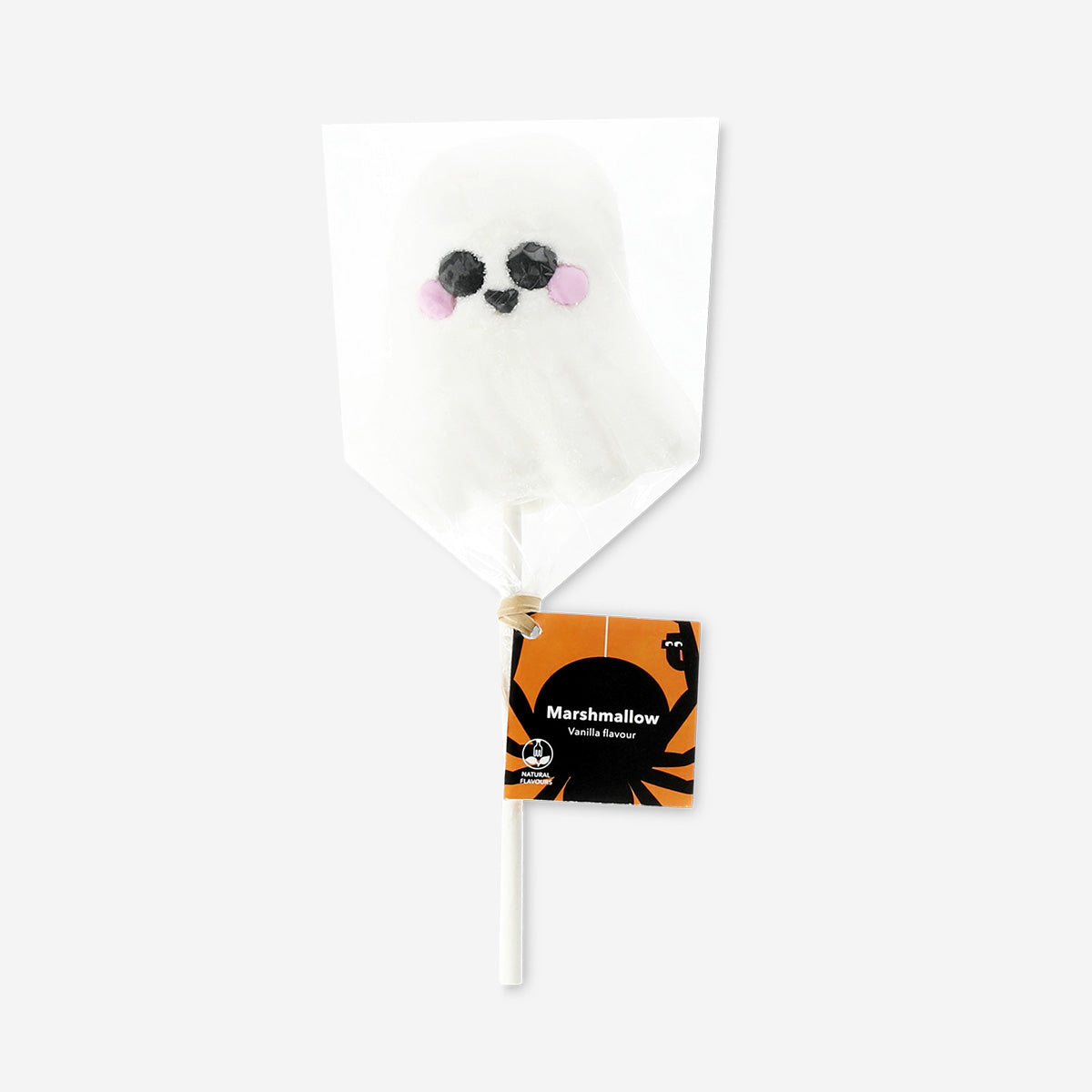 Flying Tiger Copenhagen ghost-shaped marshmallow on a stick, soft and sweet snack with spooky ghost design.