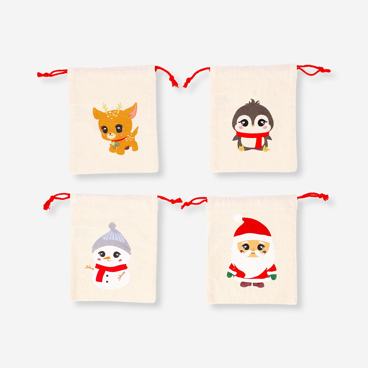 Set of four Cotton gift bags featuring Christmas character designs, ideal for festive office gift wrapping by Flying Tiger Copenhagen.
