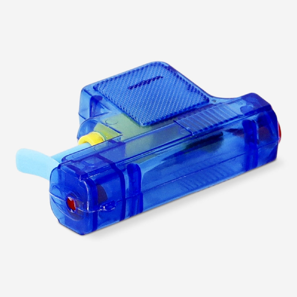 Blue water blaster toy from Flying Tiger Copenhagen, showing a close-up of the colorful water gun ready for play.