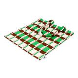 Multi-colored striped textile tote bag by Flying Tiger Copenhagen, featuring vibrant woven fabric and sturdy handles.