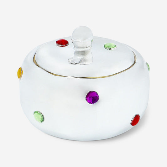Decorative silver ceramic jar with gemstones