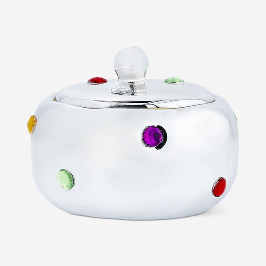 Decorative silver ceramic jar with gemstones
