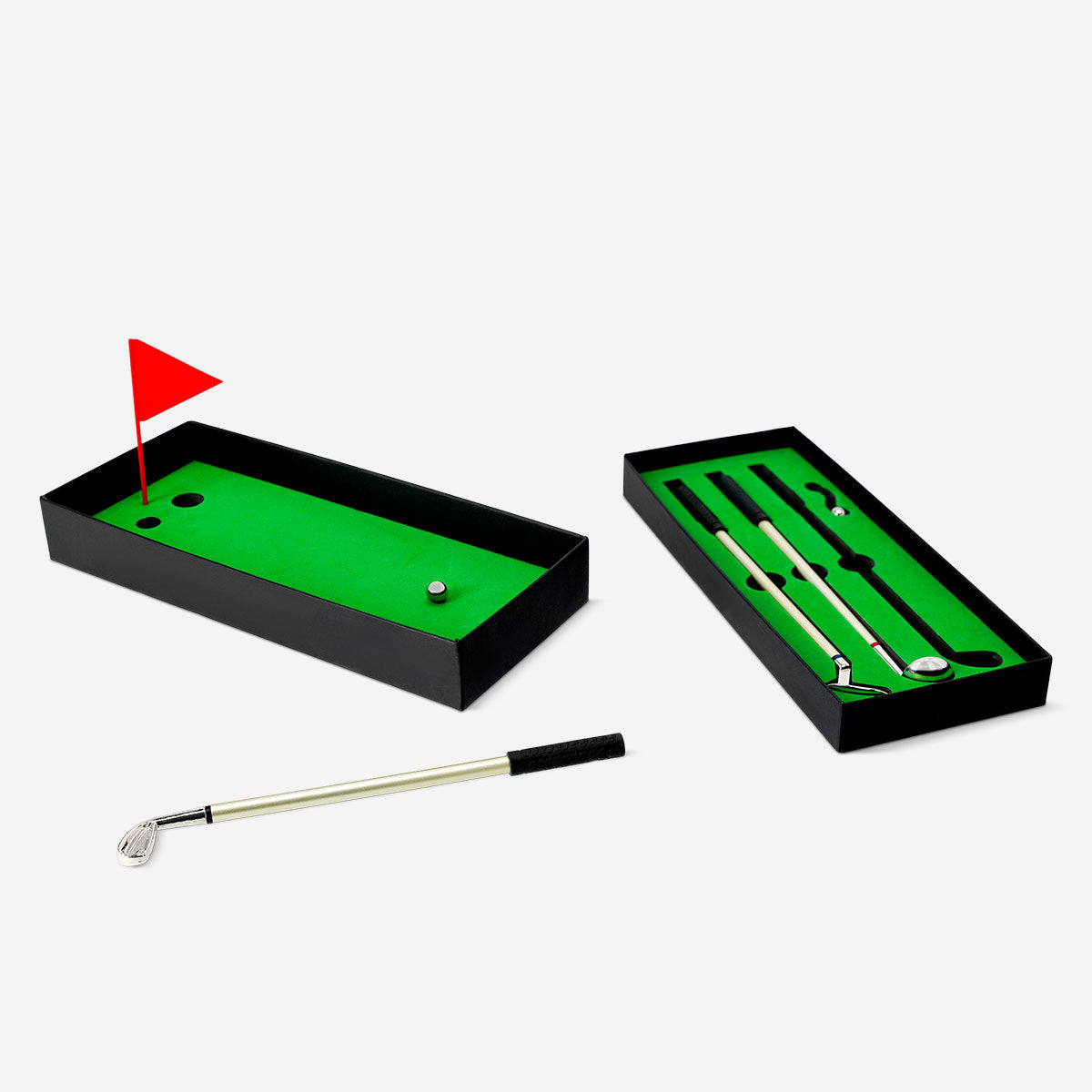 Flying Tiger Copenhagen desktop golf game with mini golf accessories and a small putting green for indoor fun.