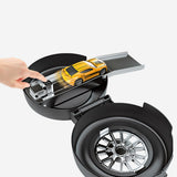 Flying Tiger Copenhagen toy car wheel launcher with a small colorful toy car on a white background.