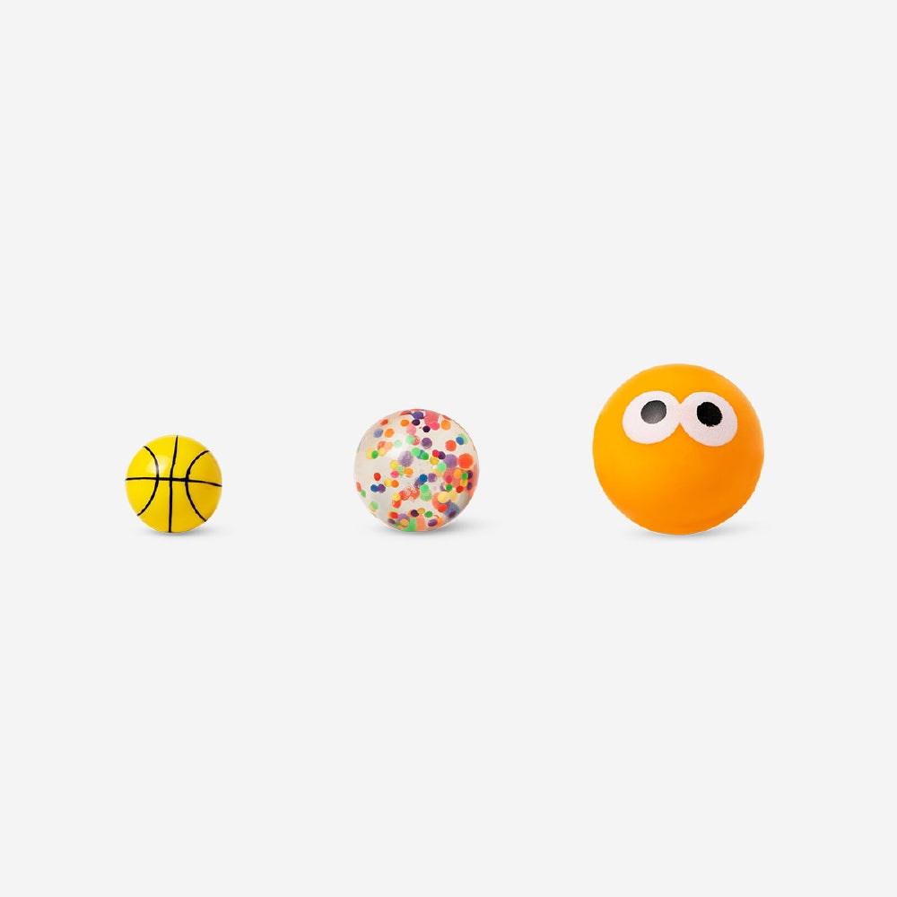 Three colorful bouncing toy balls from Flying Tiger Copenhagen, perfect for play and outdoor fun.