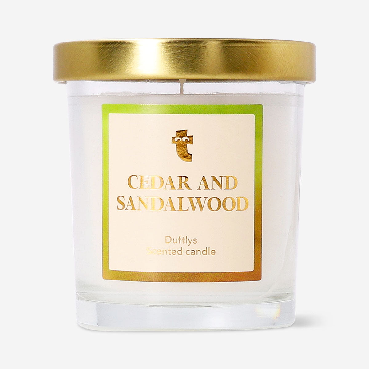 Flying Tiger Copenhagen cedar and sandalwood scented candle, home decor with a warm, calming fragrance, in a decorative container.