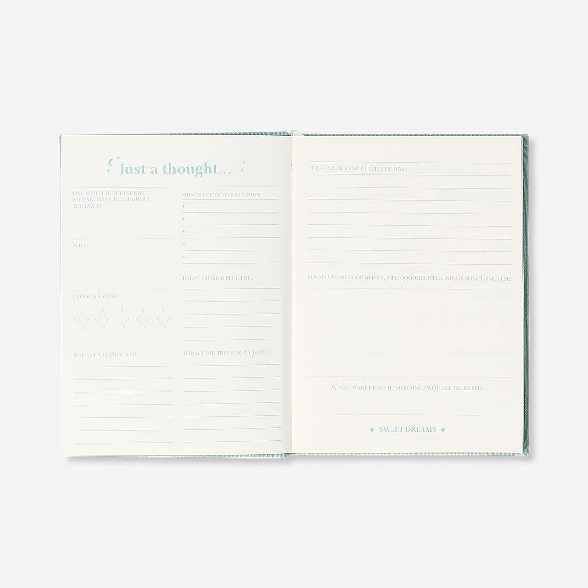 Flying Tiger Copenhagen Bedtime Journal in English, styled for office use with a clean cover design and lined pages for writing.
