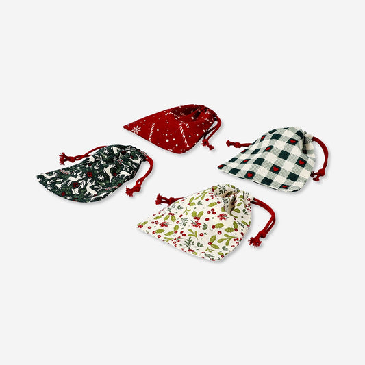 Draw string gift bags with Christmas prints - 4 pcs