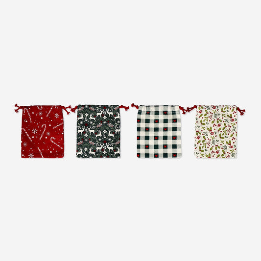Draw string gift bags with Christmas prints - 4 pcs