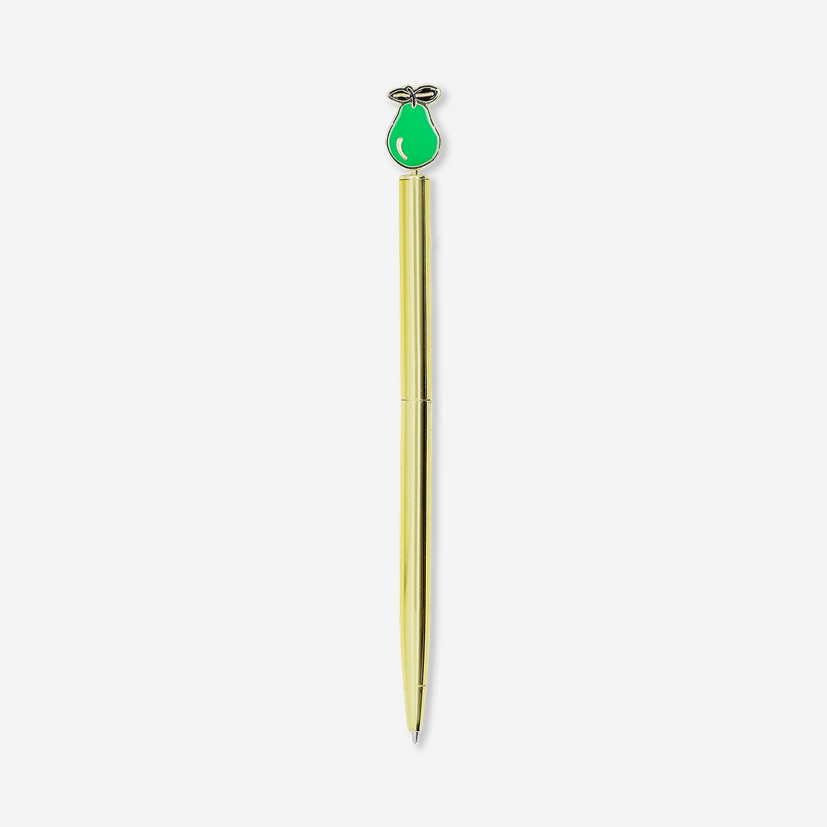 Gold ballpoint pen with green pear topper from Flying Tiger Copenhagen, designed for office use.