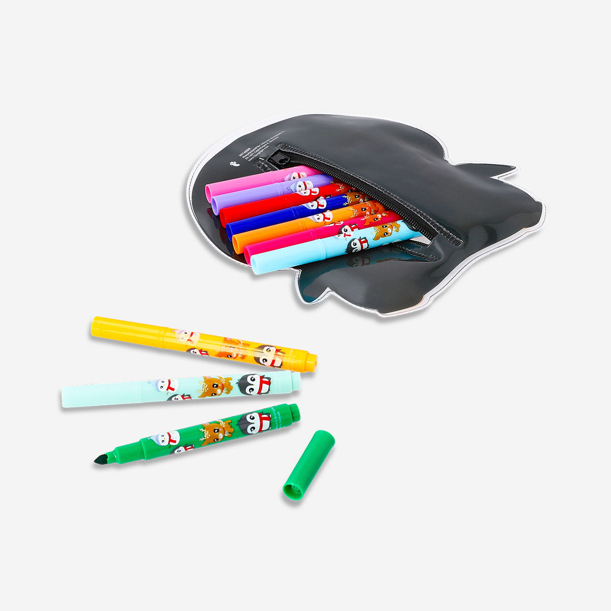 Set of 10 Flying Tiger Copenhagen office markers in a penguin-shaped case, featuring colorful marker tips and a cute penguin design.
