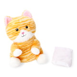 Flying Tiger Copenhagen plush heating toy in the shape of a cute tabby cat, soft fabric with detailed feline features.