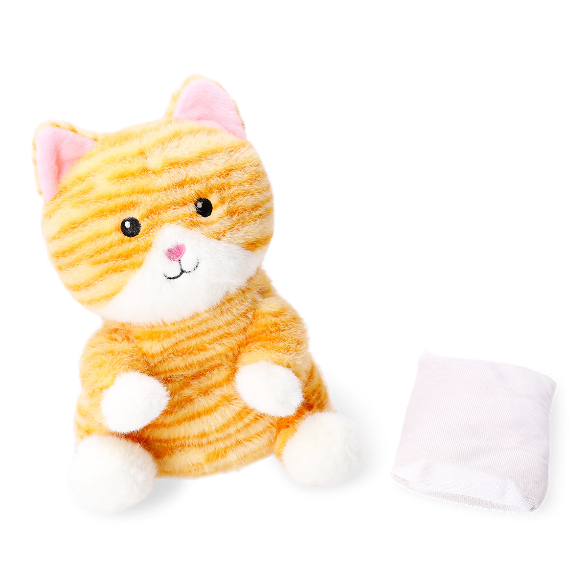 Flying Tiger Copenhagen plush heating toy in the shape of a cute tabby cat, soft fabric with detailed feline features.