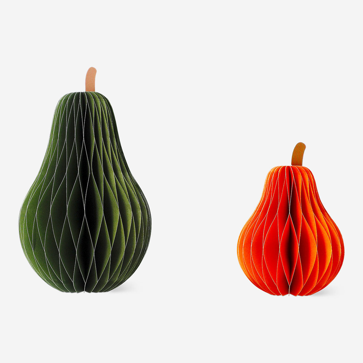 Two honeycomb paper pear decorations for party decor, featuring vibrant yellow and green colors, by Flying Tiger Copenhagen.