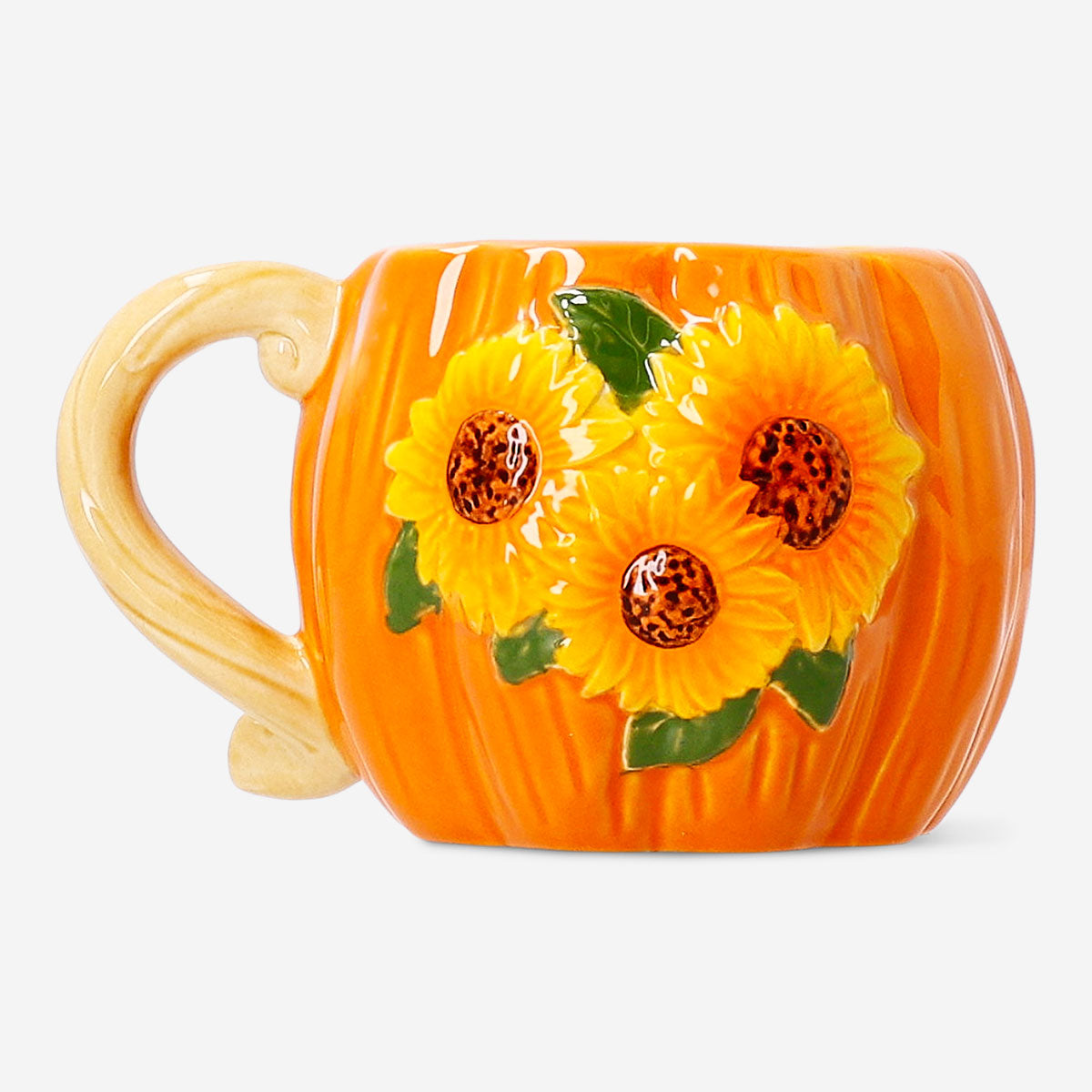 Ceramic kitchen mug with embossed sunflower design, 300 ml capacity, by Flying Tiger Copenhagen, featuring a bright sunflower pattern.