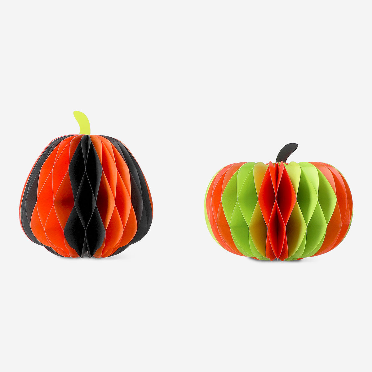 Two honeycomb paper pumpkins party decorations in orange, perfect for festive table decor, by Flying Tiger Copenhagen.
