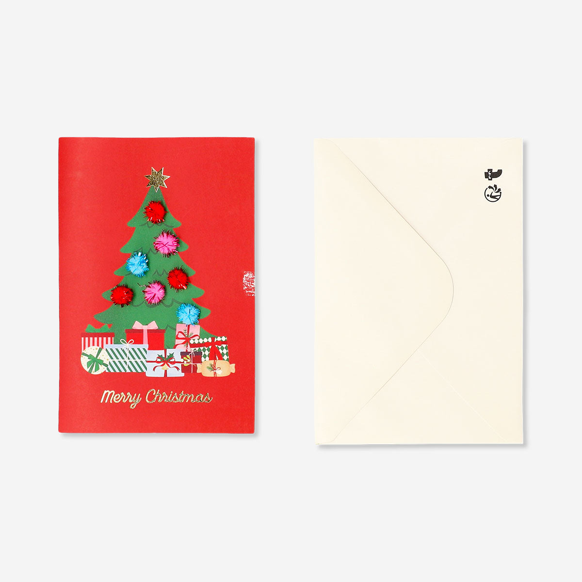 Flying Tiger Copenhagen office Christmas card featuring a festive pom pom Christmas tree with colorful decorations.