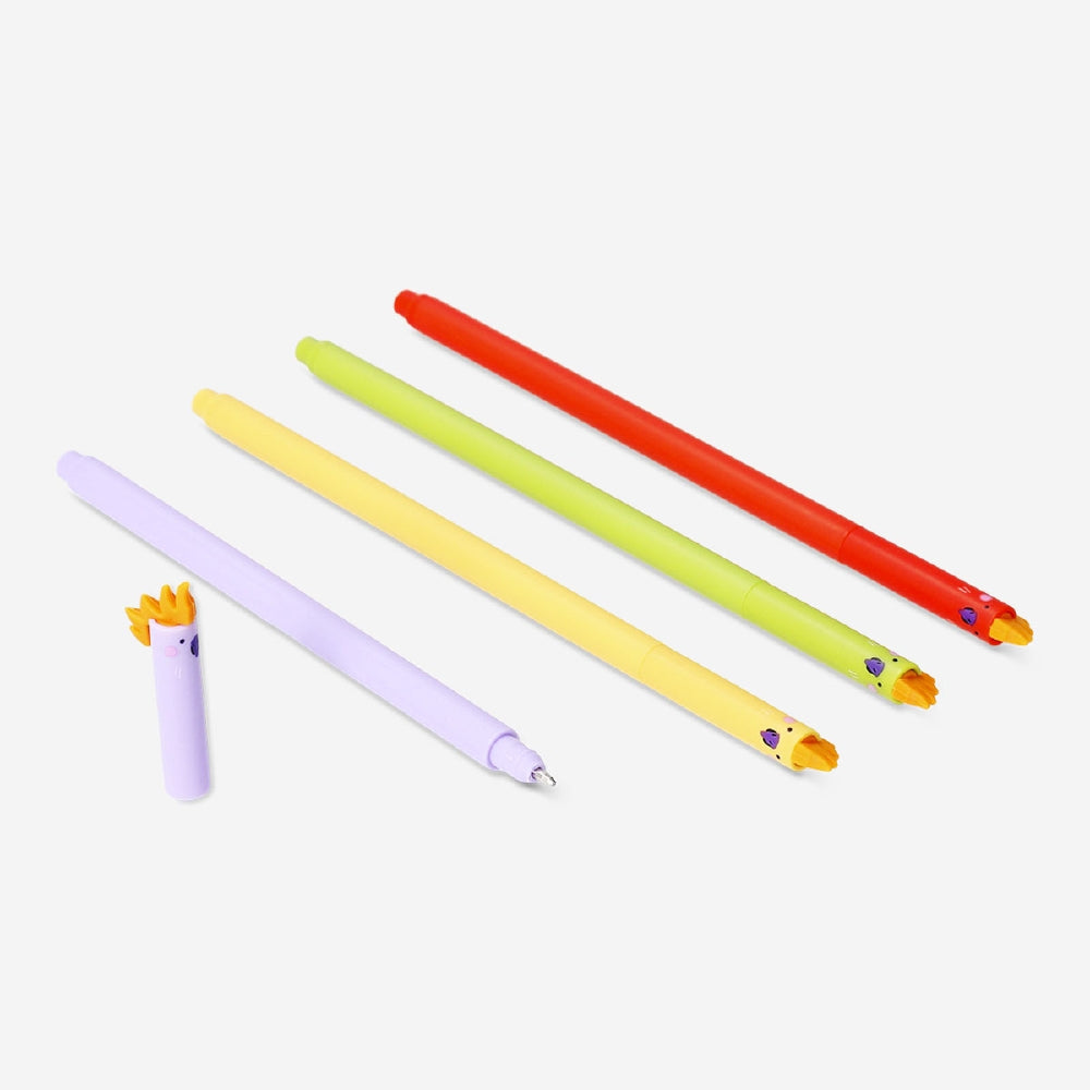 Set of four glitter gel ink pens with colorful parrot toppers from Flying Tiger Copenhagen, ideal for office or writing projects.