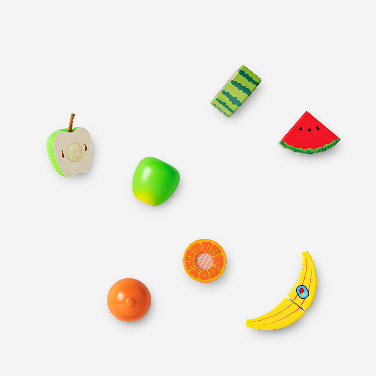 Wooden fruit toy playset by Flying Tiger Copenhagen featuring colorful wooden apple, banana, and orange pieces for imaginative play.