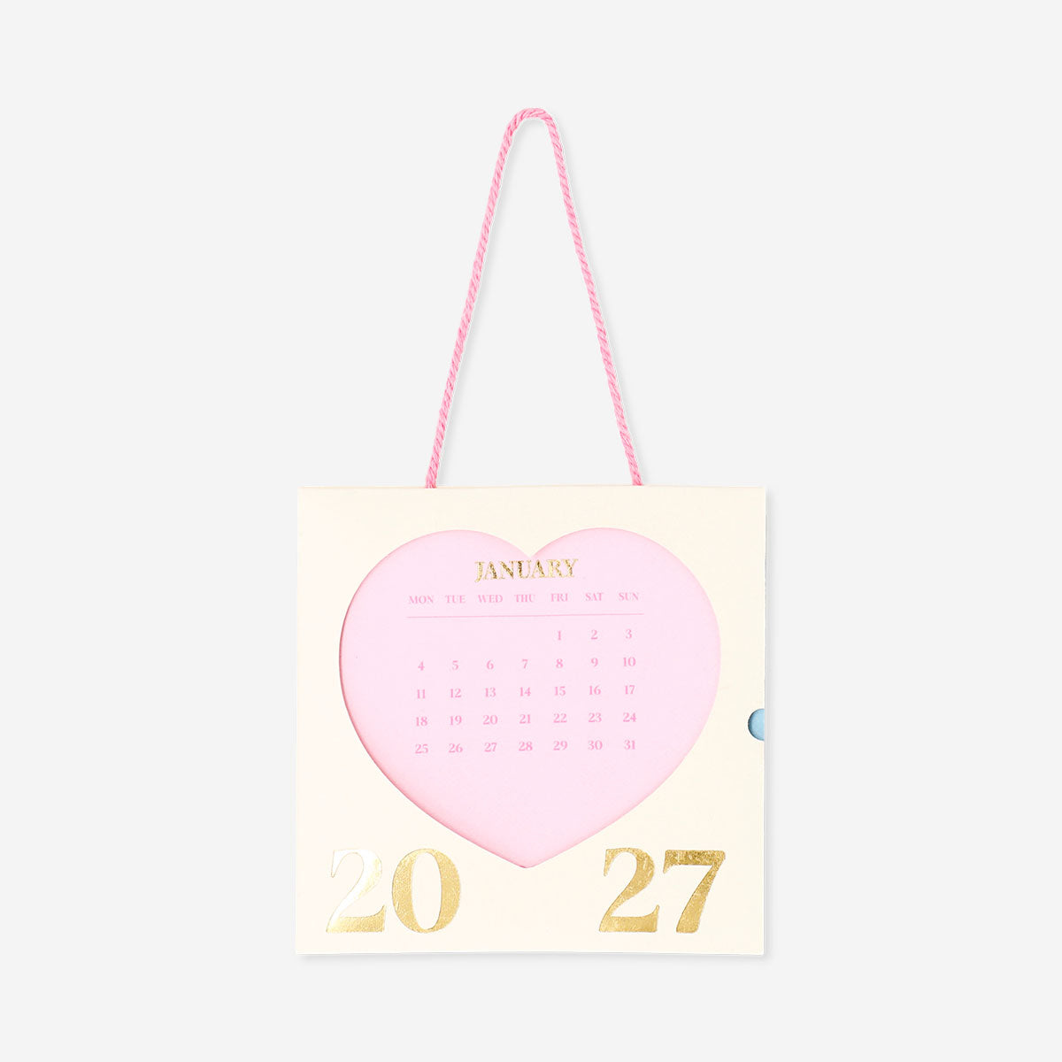 Pink heart-themed hanging monthly calendar for 2027, designed for office use, by Flying Tiger Copenhagen.